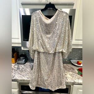 Jessica Howard:Short Sleeve Boat Neck Sequin Mesh Blouson Dress - Size 16W